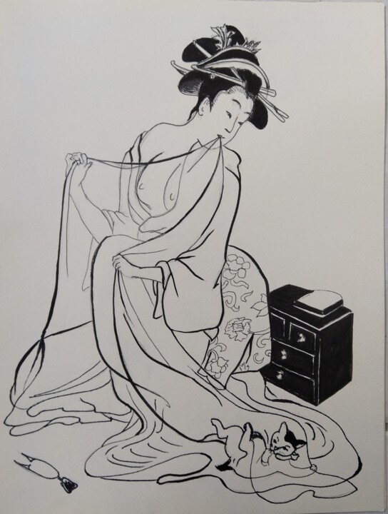Dibujo titulada "Estampe Femme 2" por Isabelle Blanc, Obra de arte original, Tinta