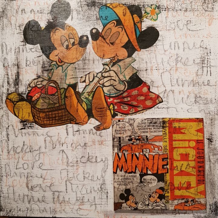 Collages intitulée "Mickey in love" par Isabelle Blondel, Œuvre d'art originale, Collages