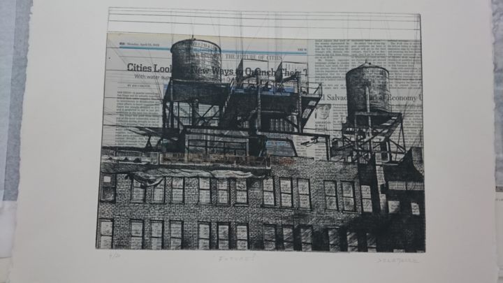 Printmaking titled "WATER TANK NEW YORK…" by Isabelle Delamarre, Original Artwork, Engraving