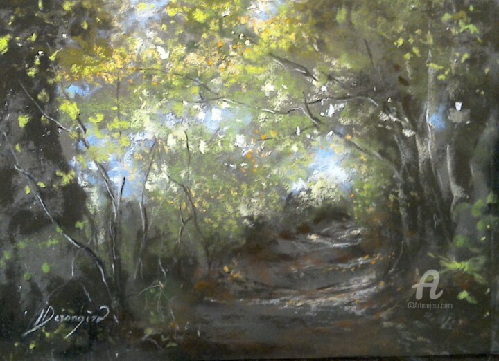 Рисунок под названием "Chemin forestier" - Isabelle Derangere, Подлинное произведение искусства, Пастель