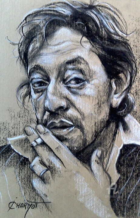 Zeichnungen mit dem Titel "Gainsbourg annivers…" von Isabelle Derangere, Original-Kunstwerk, Pastell