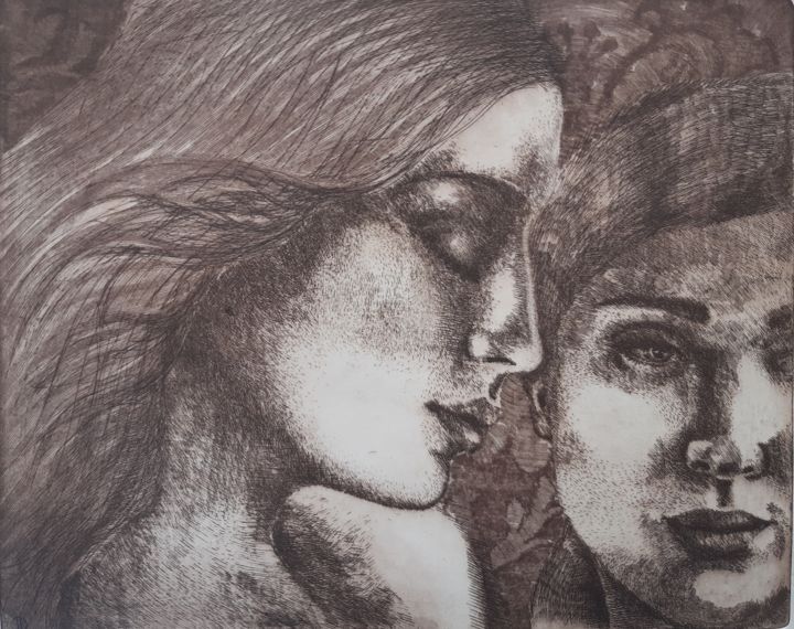 Druckgrafik mit dem Titel ""L'une de nous deux"" von Isabelle Desaulty, Original-Kunstwerk, Radierung
