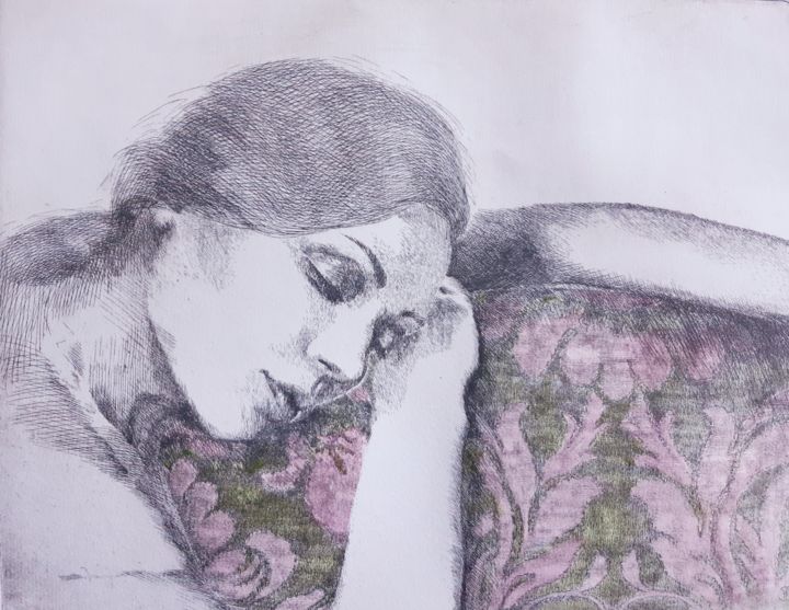 Gravures & estampes intitulée "Sur le divan." par Isabelle Desaulty, Œuvre d'art originale, Eau-forte