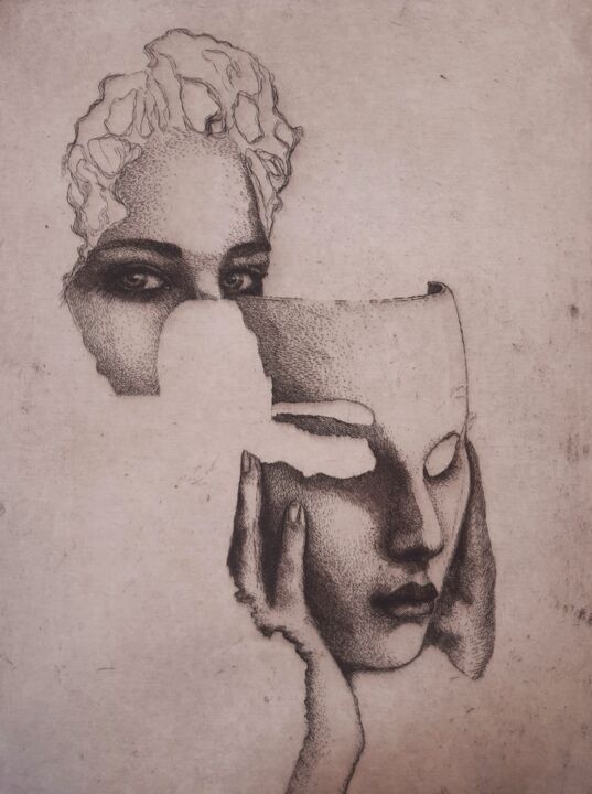 Printmaking titled ""Bas les masques"." by Isabelle Desaulty, Original Artwork, Etching