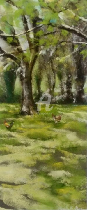 Painting titled "Les poules" by Isabelle Douzamy, Original Artwork, Pastel