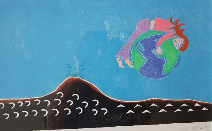 Gravures & estampes intitulée "Ami de la terre" par Isabelle Gueillet, Œuvre d'art originale, Linogravures