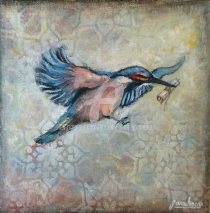 Schilderij getiteld "Oiseau messager" door Isabelle Jacq (Gamboena), Origineel Kunstwerk, Acryl