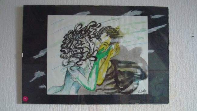Schilderij getiteld "Blowing kisses" door Isabelle Leroux, Origineel Kunstwerk, Olie