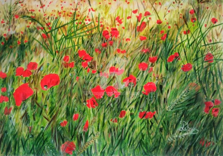 Painting titled "coquelicots" by Isabelle Lucas, Original Artwork, Oil