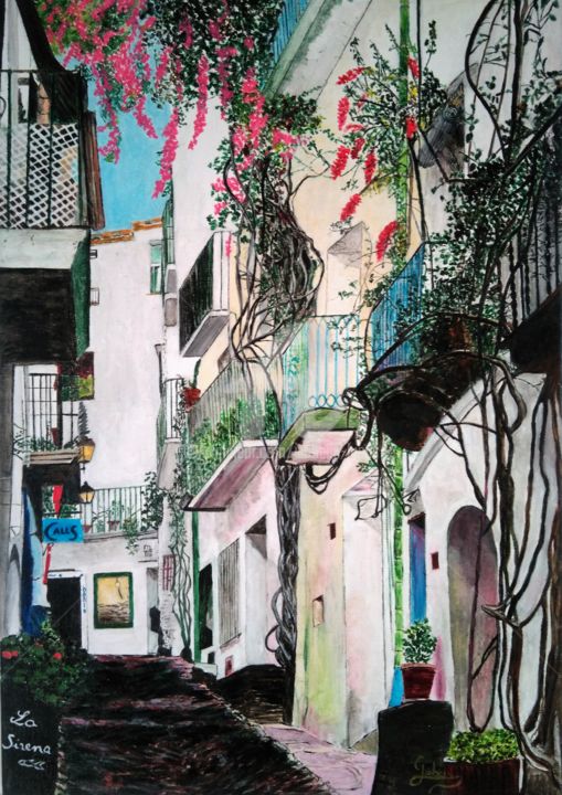 Painting titled "Rue des bougainvill…" by Isabelle Lucas, Original Artwork, Oil