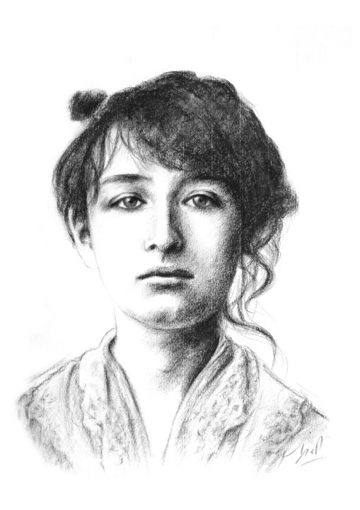 Drawing titled "Camille Claudel" by Isabelle Milloz, Original Artwork, Charcoal
