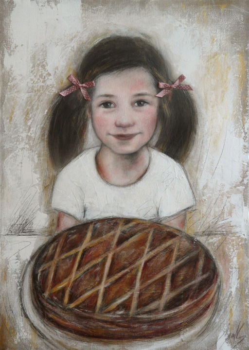 Malerei mit dem Titel ""J'aime la galette"" von Isabelle Milloz, Original-Kunstwerk, Acryl Auf Keilrahmen aus Holz montiert