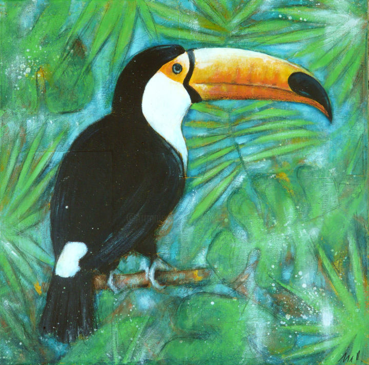 Painting titled "Toucan" by Isabelle Milloz, Original Artwork, Acrylic Mounted on Wood Stretcher frame