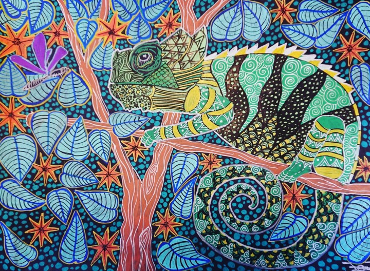 Drawing titled "Wax caméléon" by Isabelle Pain, Original Artwork, Marker