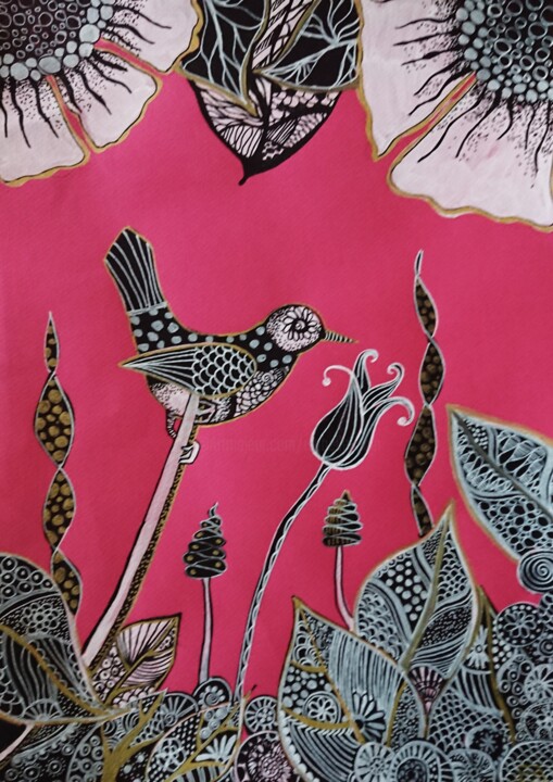 Dessin intitulée "Un oiseau et des fl…" par Isabelle Pain, Œuvre d'art originale, Marqueur