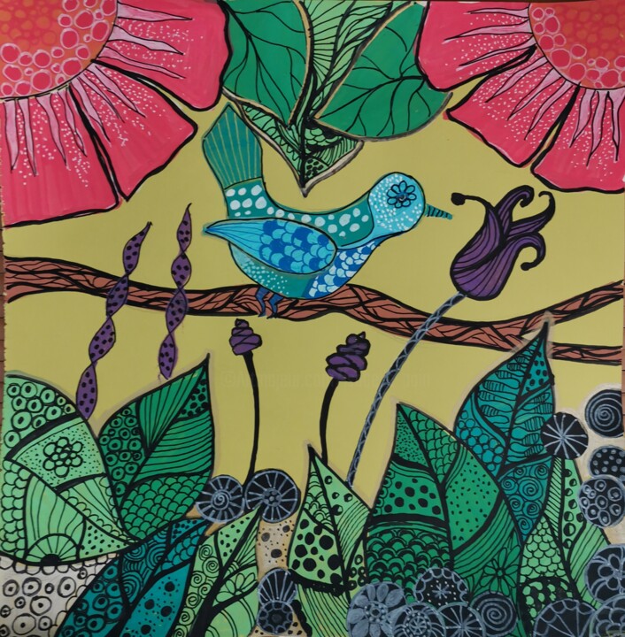 Drawing titled "L oiseau bleu" by Isabelle Pain, Original Artwork, Marker