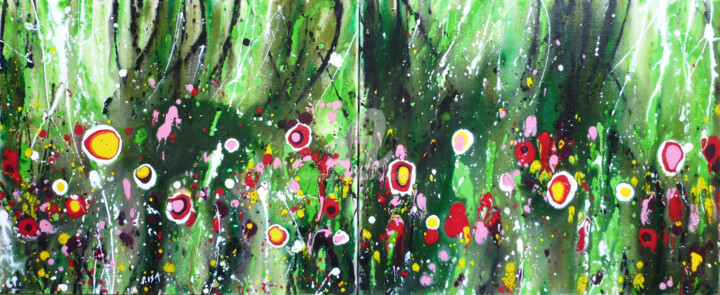 Malarstwo zatytułowany „Jungle Flowers” autorstwa Isabelle Pelletane, Oryginalna praca, Akryl Zamontowany na Drewniana rama…