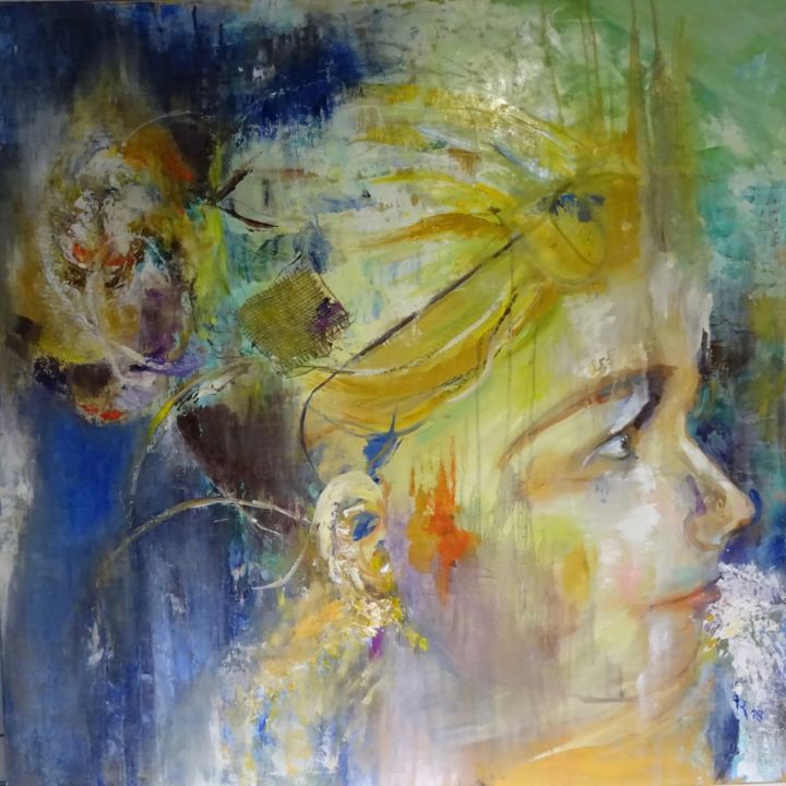 Painting titled "portrait de jeune f…" by Isabelle Reygaerts, Original Artwork, Oil Mounted on Wood Stretcher frame