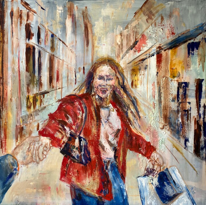 Painting titled "shopping aujourd'hu…" by Isabelle Reygaerts, Original Artwork, Oil Mounted on Wood Stretcher frame