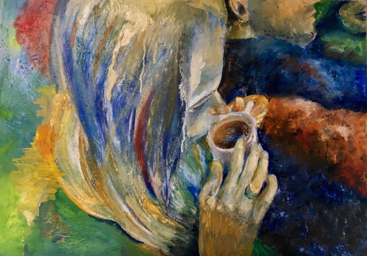 Ζωγραφική με τίτλο "pause" από Isabelle Reygaerts, Αυθεντικά έργα τέχνης, Λάδι Τοποθετήθηκε στο Ξύλινο φορείο σκελετό