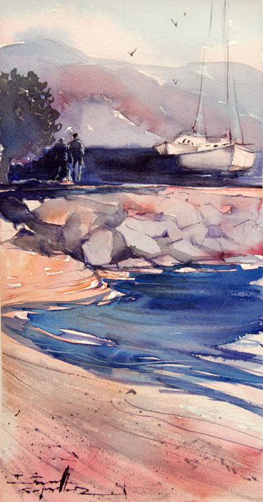 Painting titled "Aquarelle Marine Hy…" by Isabelle Seruch Capouillez, Original Artwork, Watercolor