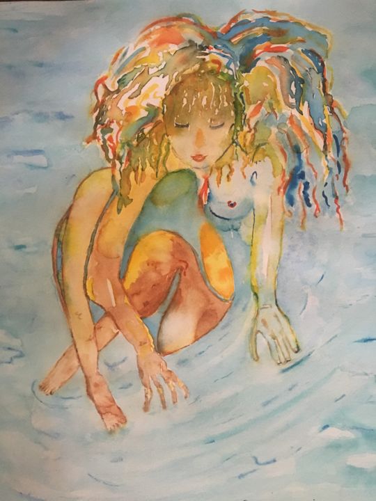 Malerei mit dem Titel "LA CHERCHEUSE DE PE…" von Isabelle Stock, Original-Kunstwerk, Aquarell