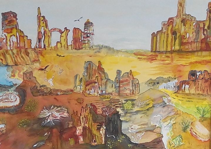Malerei mit dem Titel "Burger Canyon" von Isabelle Stock, Original-Kunstwerk, Aquarell Auf Karton montiert