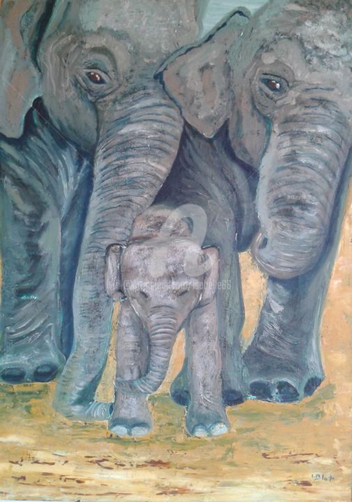 Painting titled "Elephants" by Isabelle Blot, Original Artwork, Oil Mounted on Wood Stretcher frame