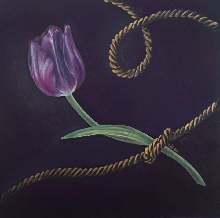 Schilderij getiteld "Tulipe mauve fond n…" door Isabelle Blanchon, Origineel Kunstwerk, Gouache