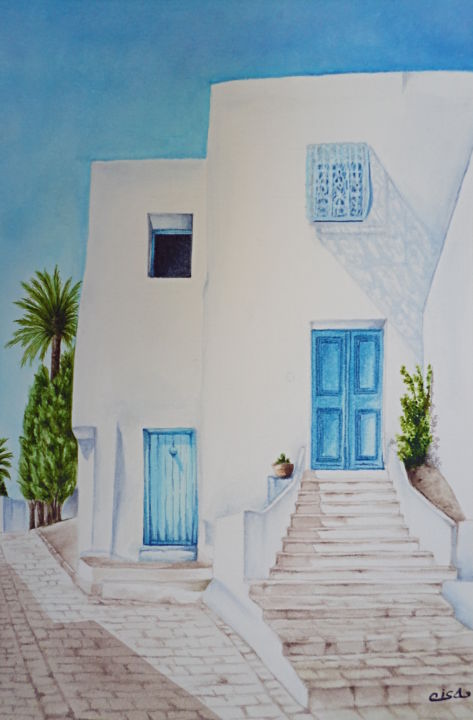 Pintura titulada "Sidi Bou Saïd, ruel…" por Isabelle Blanchon, Obra de arte original, Tinta Montado en Vidrio