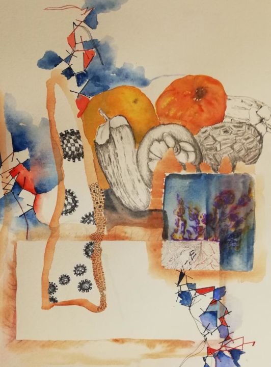 Painting titled "absurde nature morte" by Isabelle Bree, Original Artwork, Watercolor