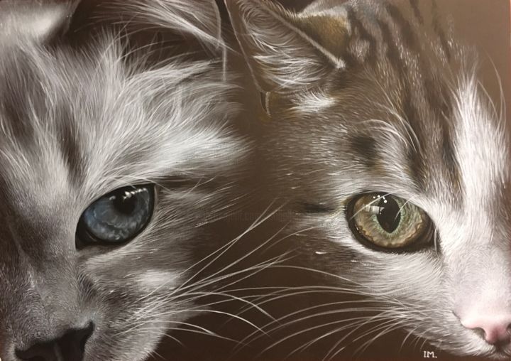 Ζωγραφική με τίτλο "Double cats 2" από Isabelle Molinard, Αυθεντικά έργα τέχνης, Ακρυλικό