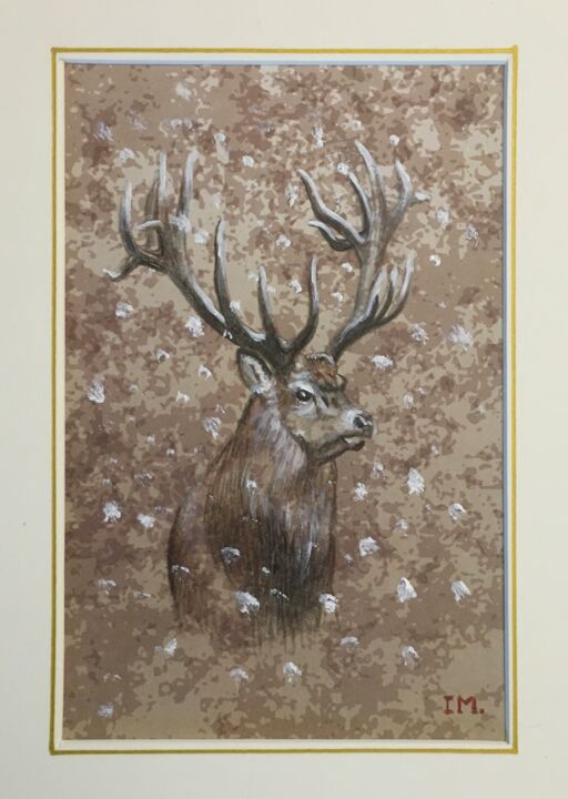 Painting titled "Cerf , petit 2" by Isabelle Molinard, Original Artwork, Pencil