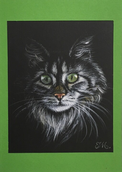 Painting titled "Chat green" by Isabelle Molinard, Original Artwork, Acrylic