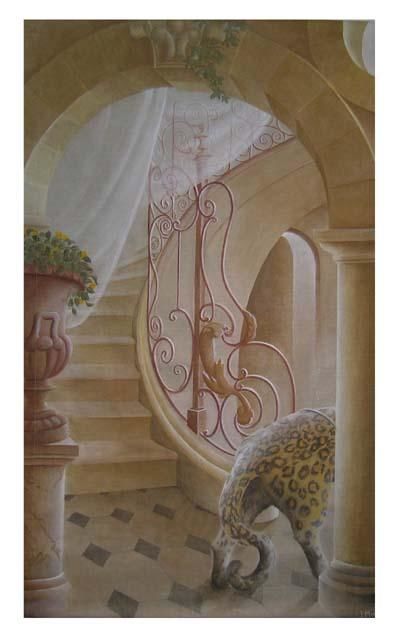 Painting titled "Escalier - Panthère" by Isabelle Molinard, Original Artwork, Oil