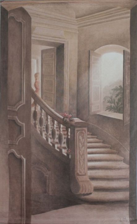 Pintura intitulada "Escalier intérieur" por Isabelle Molinard, Obras de arte originais, Outro