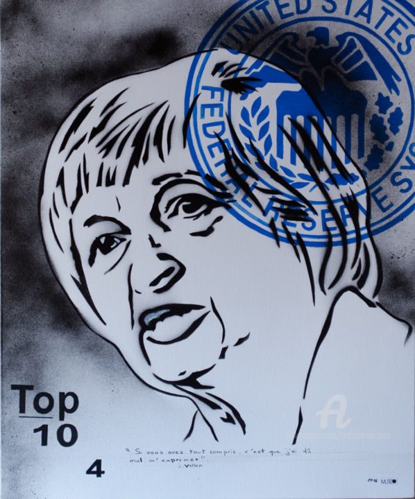 Painting titled "Janet Yellen quatri…" by Murzo, Original Artwork, Spray paint Mounted on Wood Stretcher frame