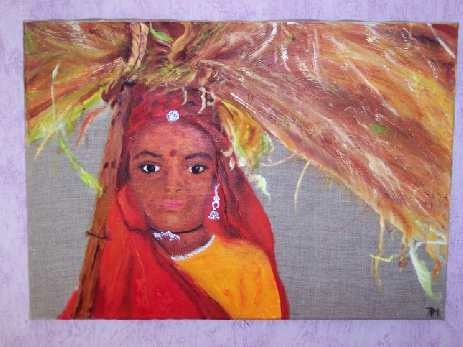 Painting titled "indienne et son foin" by Isabelle Mangin-Lenglet, Original Artwork, Oil