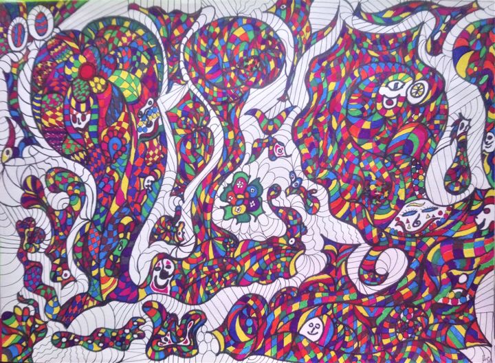 Desenho intitulada "Escargots Fleuris" por Isabelle Tirard, Obras de arte originais, Caneta de gel