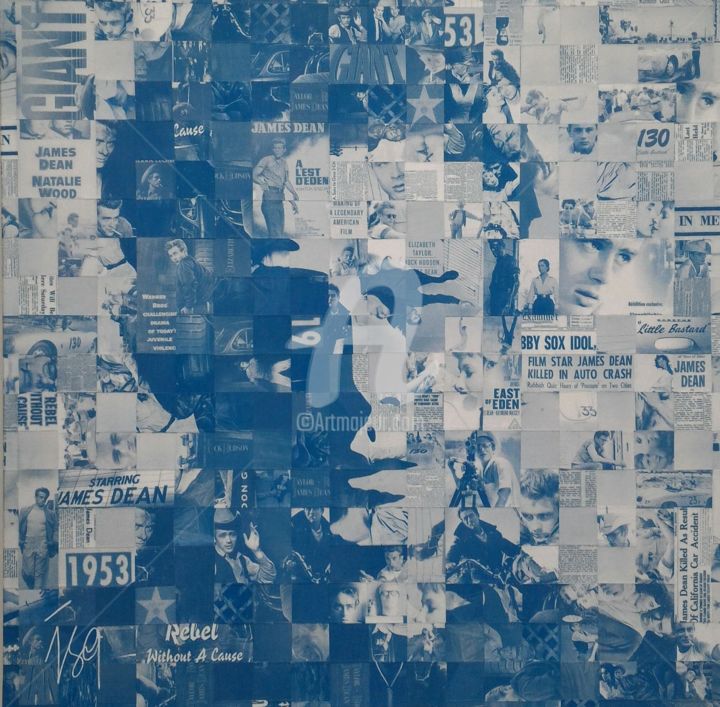 Collagen mit dem Titel "James Dean au carré…" von Isabelle Vernet, Original-Kunstwerk, Collagen Auf Keilrahmen aus Holz mont…
