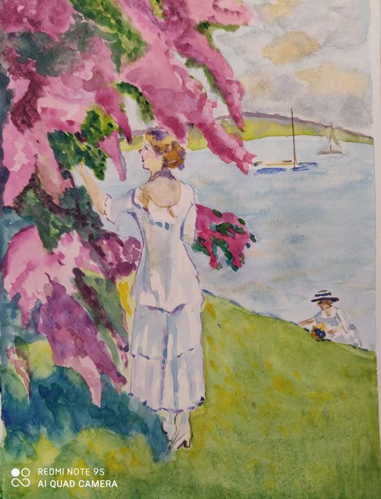 Painting titled "Mujer entre flores" by Isabel Villamor Usabiaga, Original Art, Watercolor