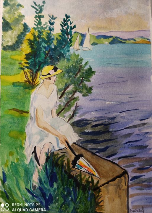 Painting titled "Mujer con sombrilla" by Isabel Villamor Usabiaga, Original Art, Watercolor