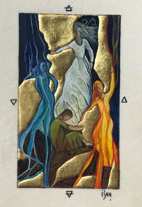 Ζωγραφική με τίτλο "Les  4 éléments" από Isabelle Husson, Αυθεντικά έργα τέχνης, Ακουαρέλα Τοποθετήθηκε στο Χαρτόνι