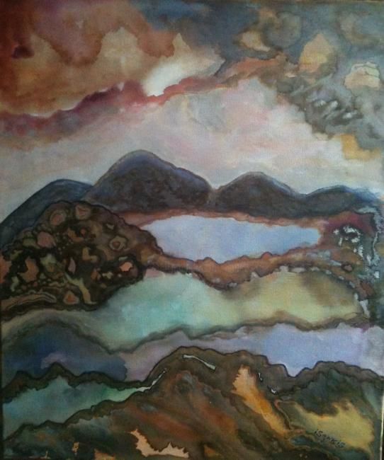 Painting titled "Paysage lacustre 2" by Isankis, Original Artwork, Ink