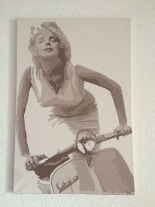 Peinture intitulée "marilyn et sa vespa…" par Isat Peinture, Œuvre d'art originale, Huile