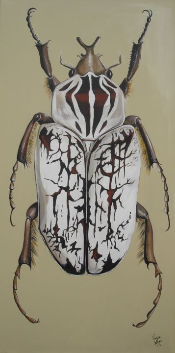 Painting titled "COLEOPTERE GOLIATH…" by Virginie Isfaoui, Original Artwork, Acrylic Mounted on Wood Stretcher frame