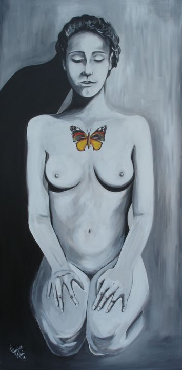 Painting titled "FEMME PAPILLON VULC…" by Virginie Isfaoui, Original Artwork, Acrylic Mounted on Wood Stretcher frame