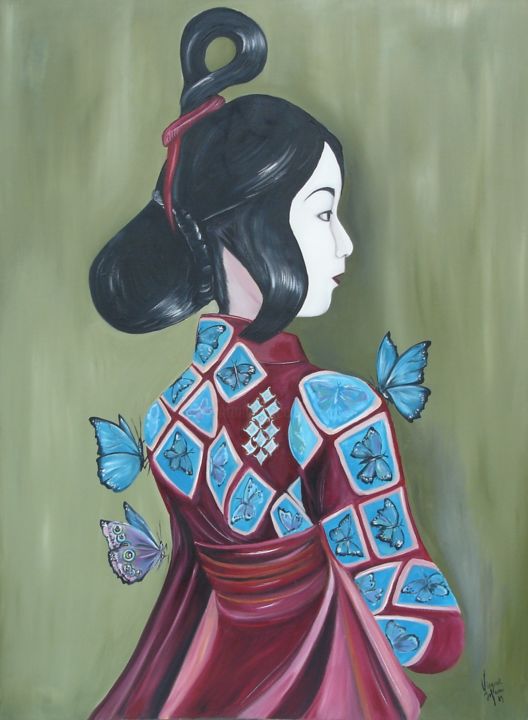 Painting titled "LA GEISHA AU MORPHO…" by Virginie Isfaoui, Original Artwork, Oil Mounted on Wood Stretcher frame