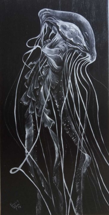 Painting titled "Meduse scyphozoa" by Virginie Isfaoui, Original Artwork, Oil Mounted on Wood Stretcher frame