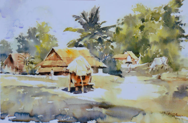 Painting titled "Little Clay Houses" by Ishan Senaka Hewage, Original Artwork, Acrylic Mounted on Wood Stretcher frame